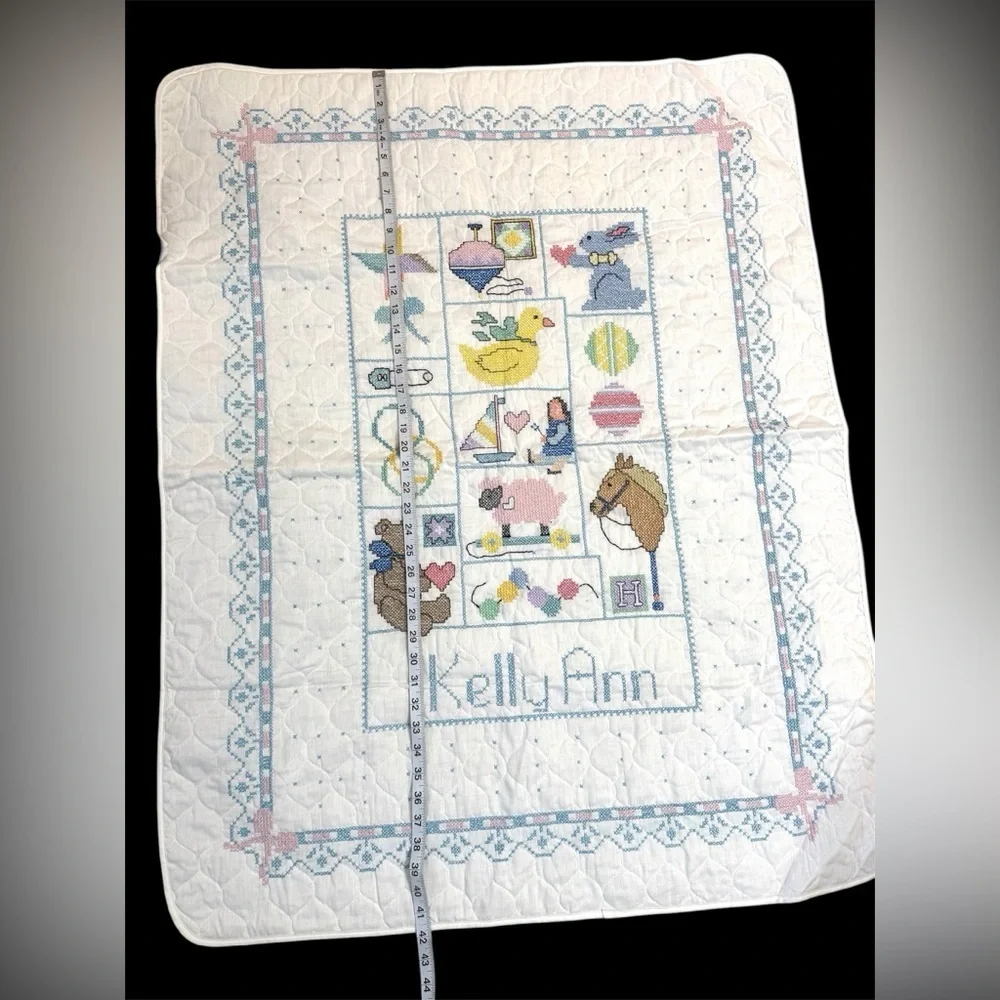 Hand Cross-Stitched Vintage Baby Blanket “Kelly Ann” Nursery Decor